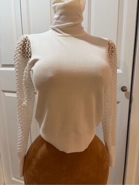 Fashion Nova Cream Turtleneck Sweater with Textured Bubble Sleeves